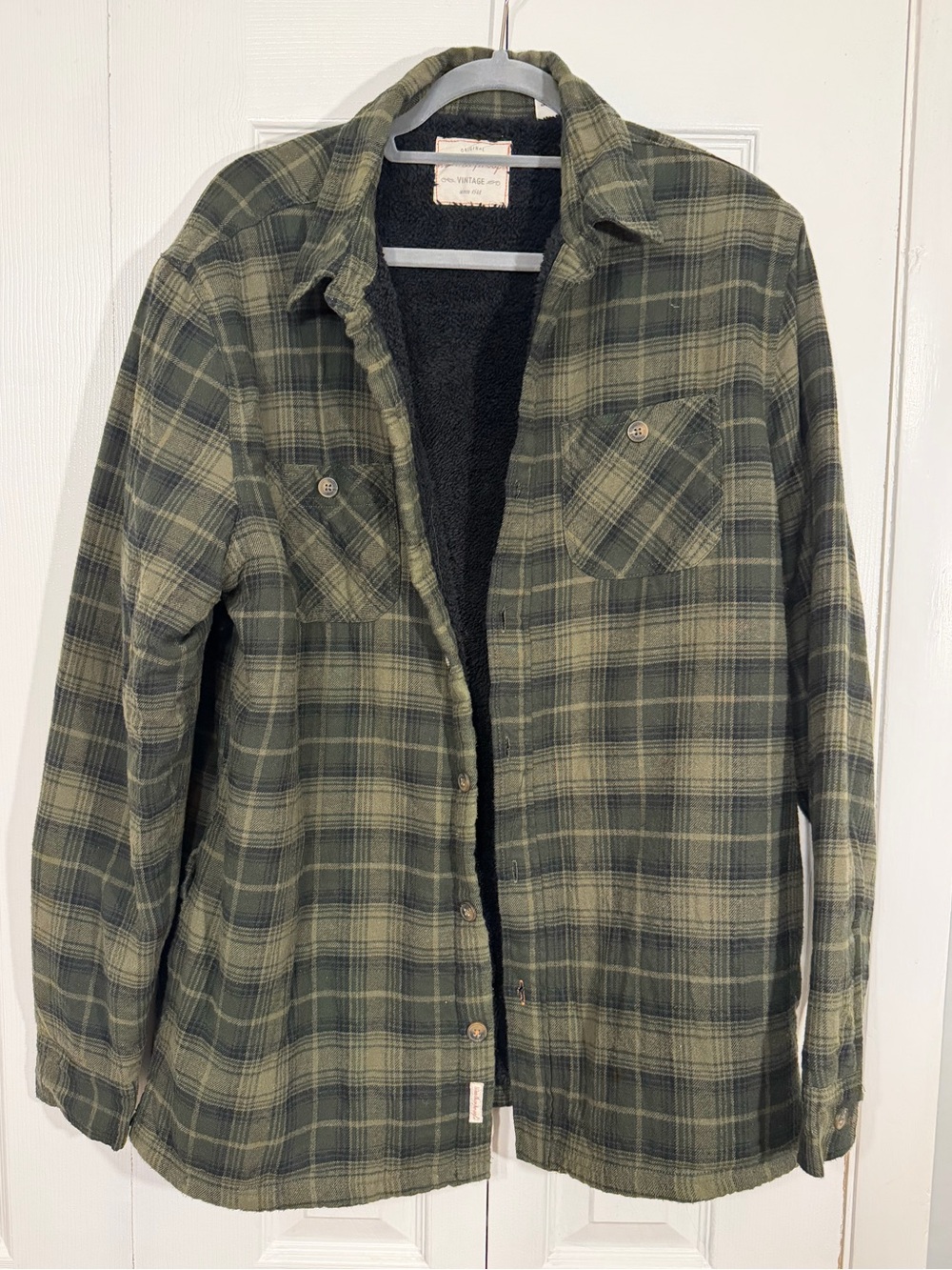Weatherproof Vintage Sherpa Lined Plaid Flannel Shirt Jacket Size L Green